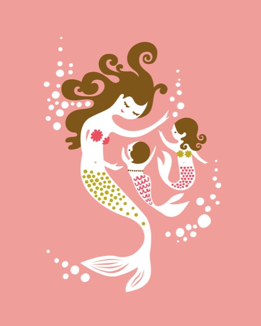 mermaid mother & two daughters. coral/fuchsia/olive. 8X10" giclee print. mothers day gift.