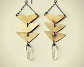 Gold Brass Chevrons, Arrows, Southwestern Earrings with Crystal Quartz - Wedge Earrings