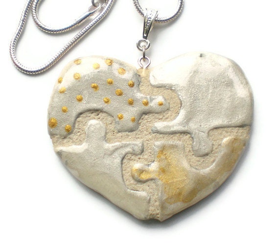 Puzzle Piece Heart Necklace Silver and Gold Clay REVERSIBLE