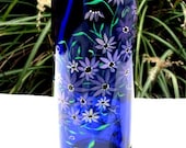 Wine Bottle Lamp, Tall Blue Recycled Wine Bottle Hand Painted Flowers Blue Bottle Light
