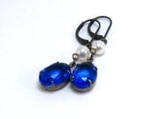Sapphire Blue Earrings - "Ingrid Bergman"  Estate Style Old Hollywood Glamour Earrings, Rhinestones and Pearls, Blue Earrings