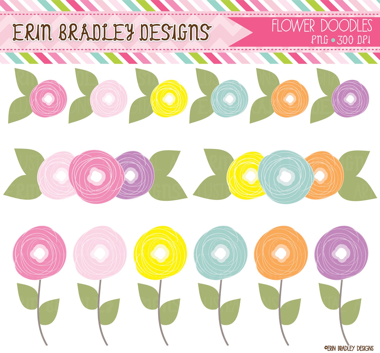 Digital Clipart Flower Doodles Clip Art Personal & Commercial Use
