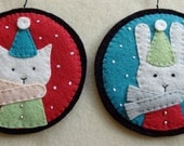 Set of Two Flop the Cat and Patsy the Bunny Wool Blend Felt Handmade Ornaments