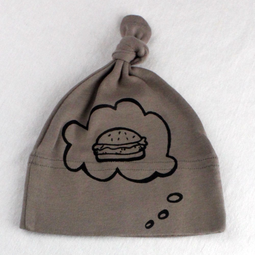 screen printed baby hat food thought - burger organic cotton cinder with black ink