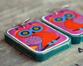 Unique wood earrings Retro owl jewelry Teal color Handmade by The Paisley Mill . Ashbury