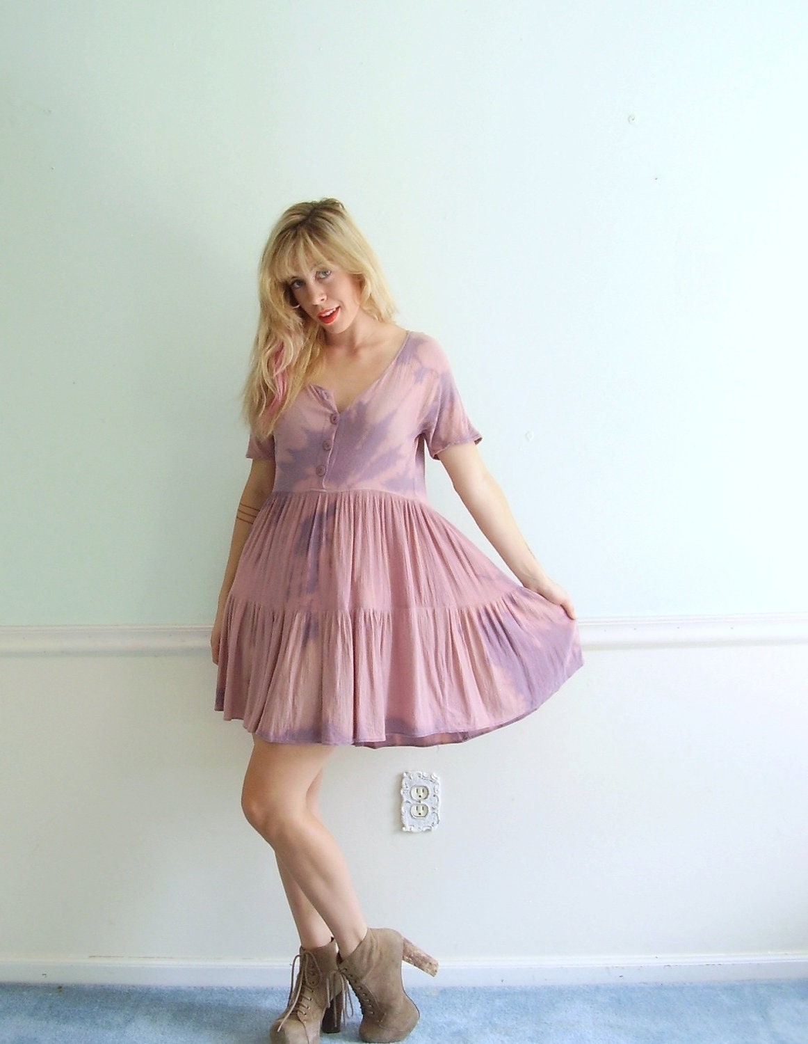 Tie Dye Purple Vintage Early 90s Babydoll Mini Dress Short Sleeve S M