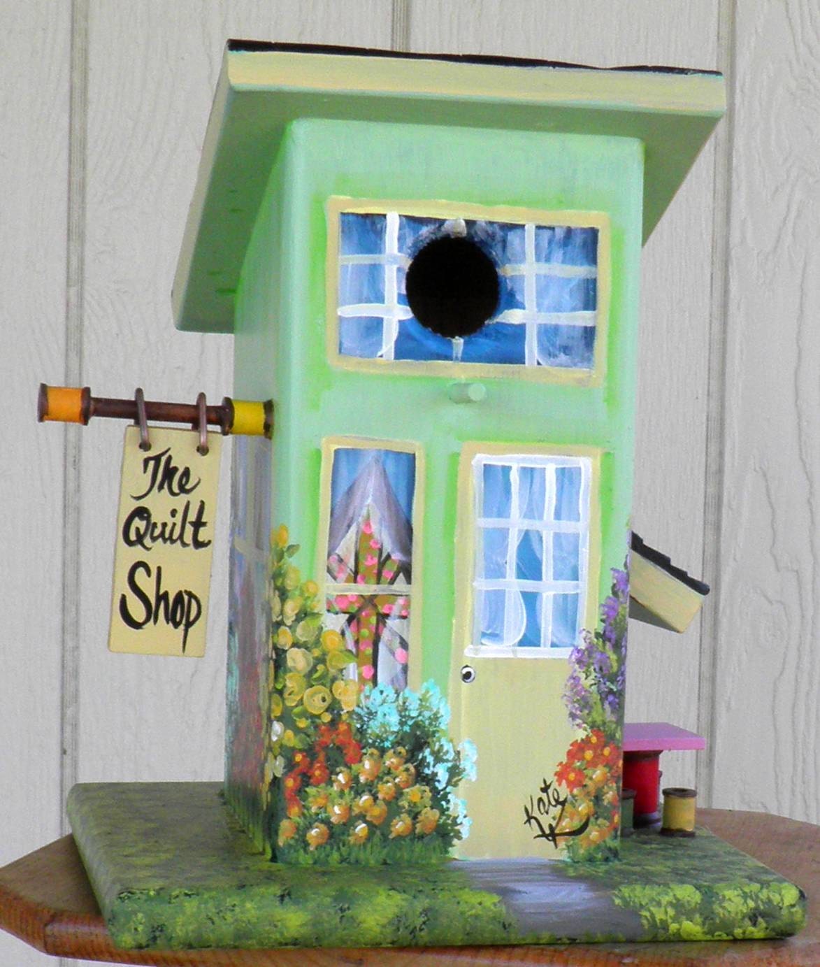 Quilt Shop Birdhouse,Built to be Environmentally Friendly,  Hand Made, Hand Painted, Green with Quilts in the Window