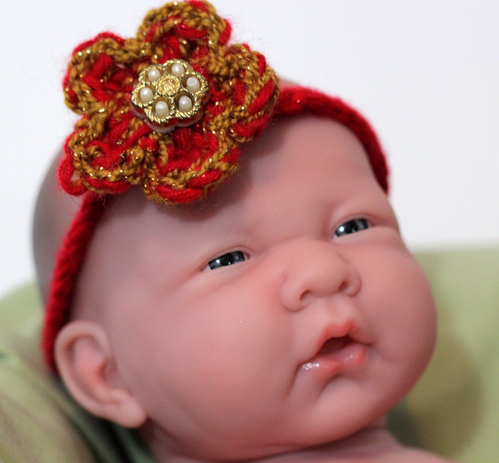 Newborn Baby Headband with Flower - Christmas Holiday Red & Gold