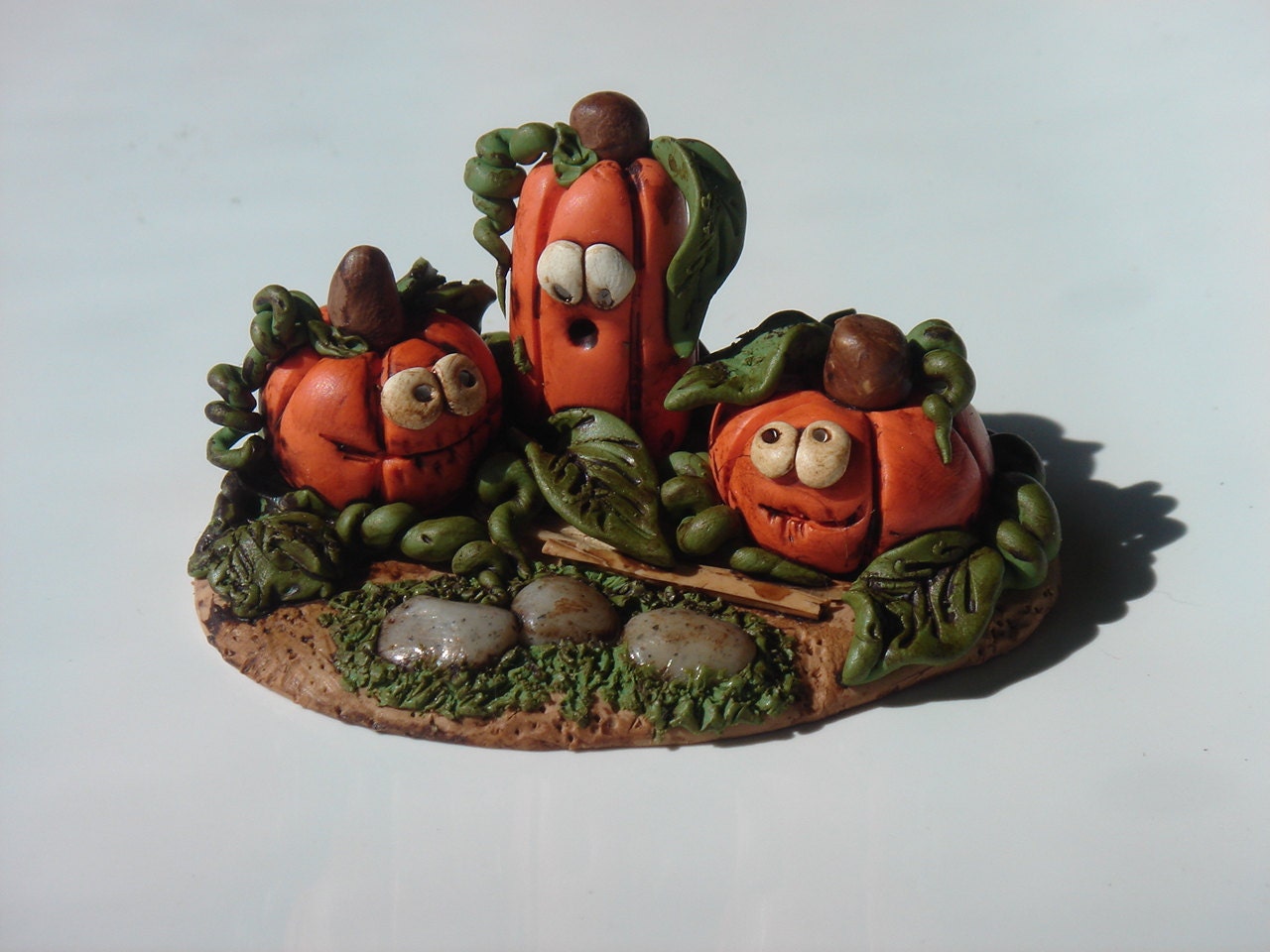 Halloween trio of pumpkins in patch, polymer clay OOAK - TheClaysTheThing
