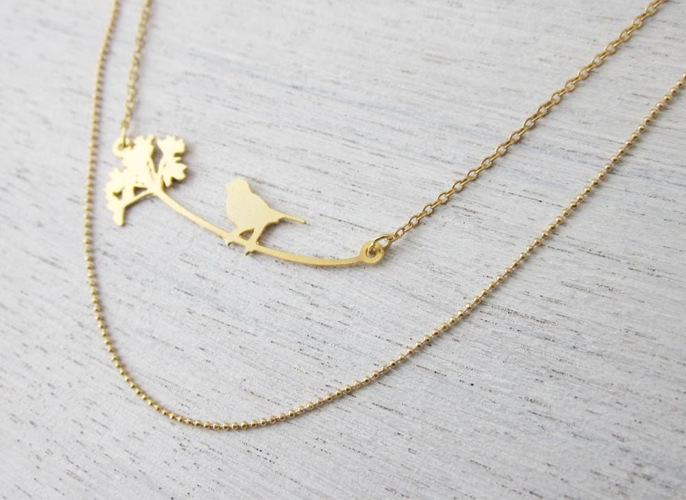 Bird and Dandelion Necklace in Gold- Large
