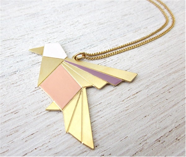 Origami Exotic Bird Necklace in Gold, bird pendant jewelry, holiday gift under 60
