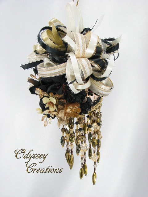 Ebony, Ivory and Gold Victorian Beaded Ornament with Swarovksi Crystals