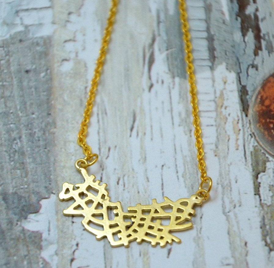 Gold Necklace, Every Day Necklace, Simple Necklace, Abstract Pendant Necklace, Chinese Scribble