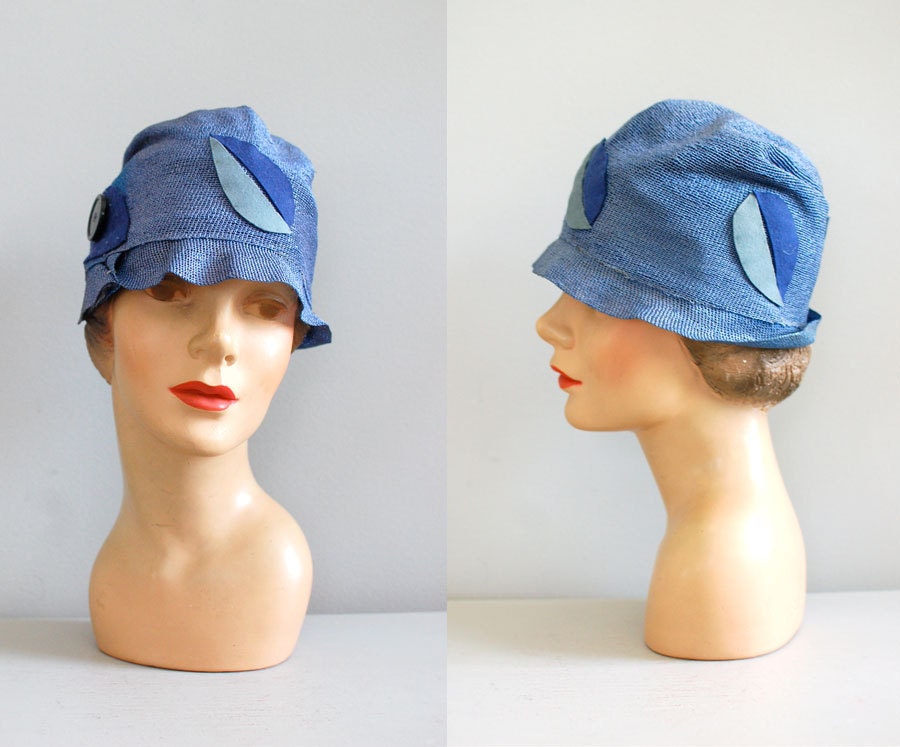 vintage 1920s hat / 20s cloche hat / Blue Leaf cloche