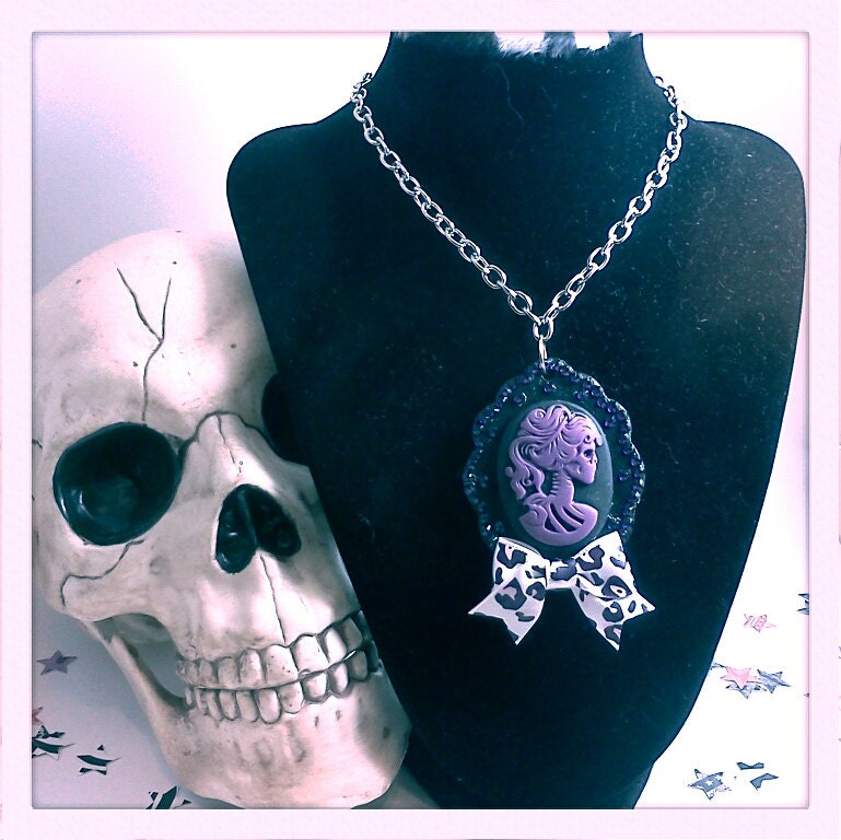 Purple and Black Lady Death Cameo Necklace with Leopard Print Bow and Purple Swarovski Rhinestones