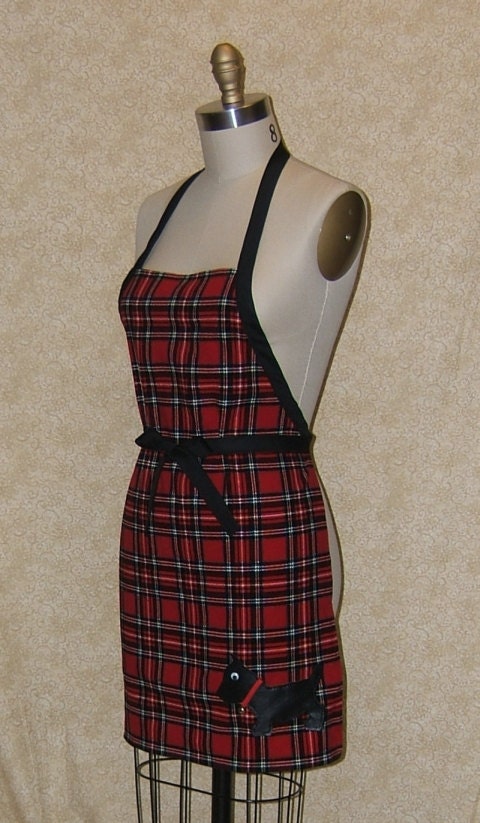 Scottie on Plaid Apron Chef Unisex Christmas Corduroy Jingle Bell Wiggle Eye