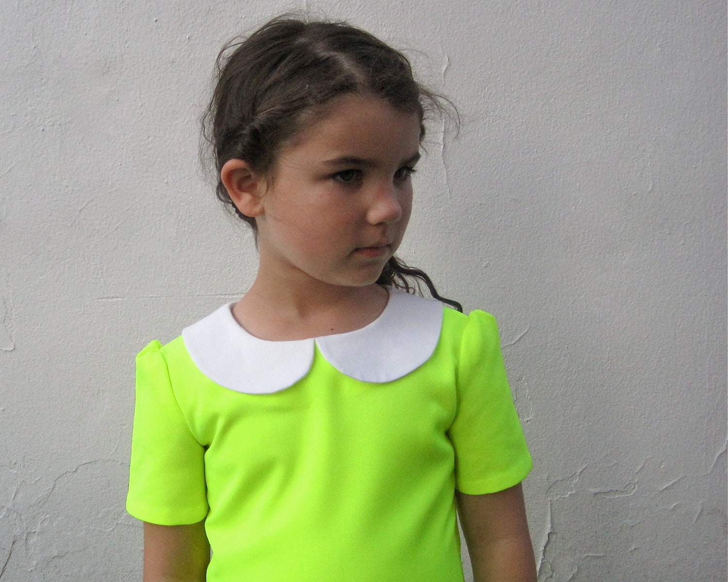 The Rosie Dress - Girls Dress in Neon Yellow - White Peter Pan Collar - Modern Indie Kids Spring Fashion (Custom Size 2T- 6T)