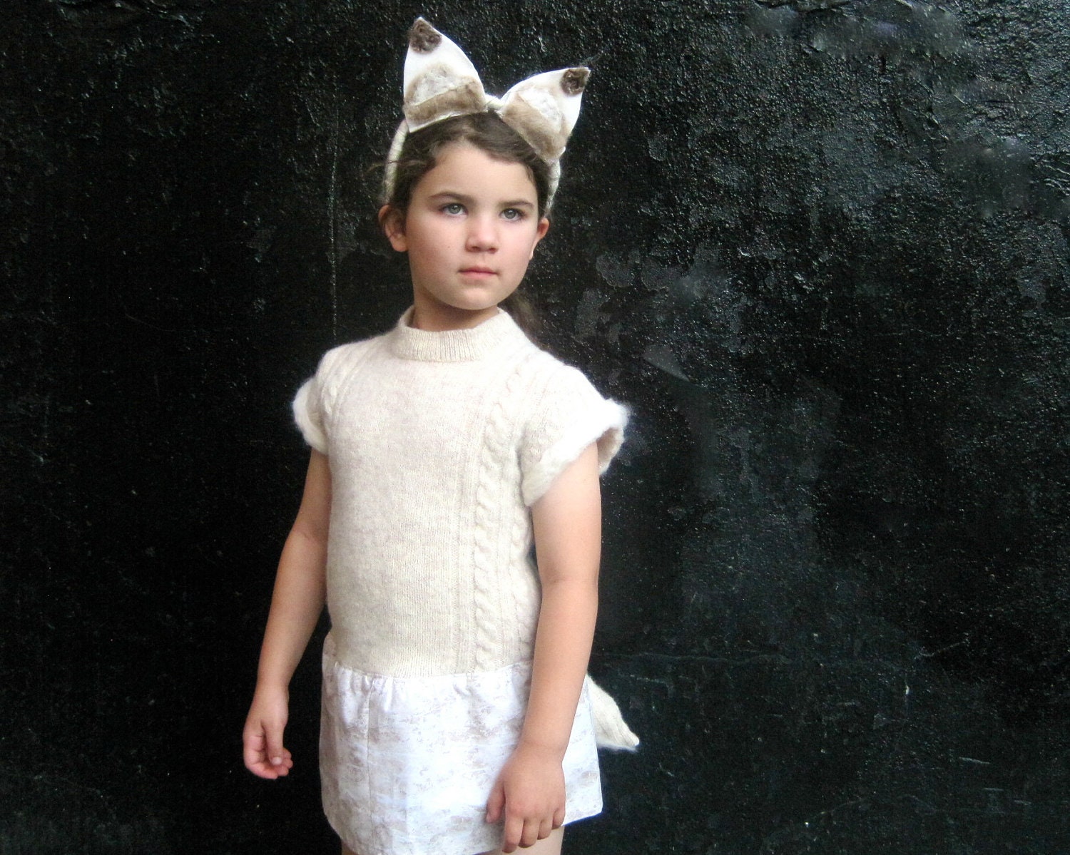 Arctic Fox Tail and Headband Costume - Halloween Girls White Fox Animal WOOL Hat and Tail Only - Eco Friendly Kids