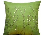 Pussy Willow Pillow Cover, Decorative Throw Pillow Cover, Green Linen Pillow Pussy Willow Embroidery, Pillow Cover 18 x 18, Green Cushion