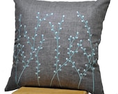 Blue Grey Pillow Cover, Decorative Throw Pillow Cover, Ash Grey Linen Pillow Blue Pussy Willow Embroidery, Pillow Case 18 x 18, Toss Pillow