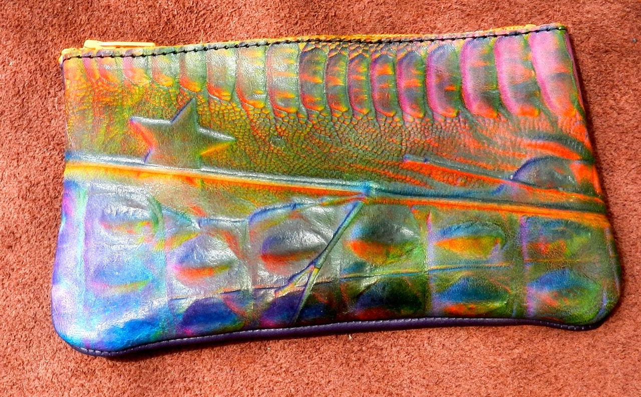 Leather Wallet /  Coin Change Purse Bag Rainbow Airbrushed Abstract Exotics Patterned Cowhide purple, green ,blue-rainbow