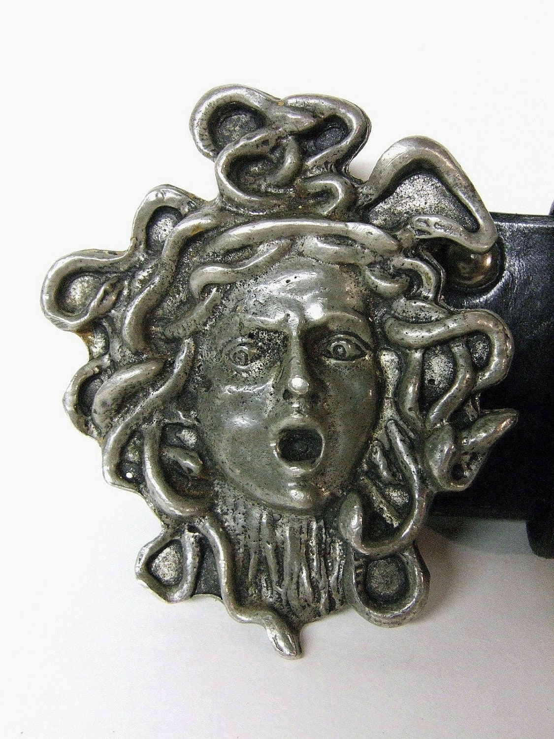 MEDUSA Vintage 60's Belt Buckle Figural Pewter Leather Belt Rare Find 70's Gothic Rocker Art Nouveau Head Snakes All Original