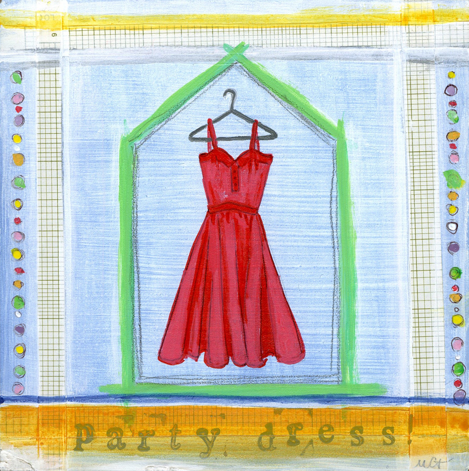 Party Dress-Red Mixed Media Painting