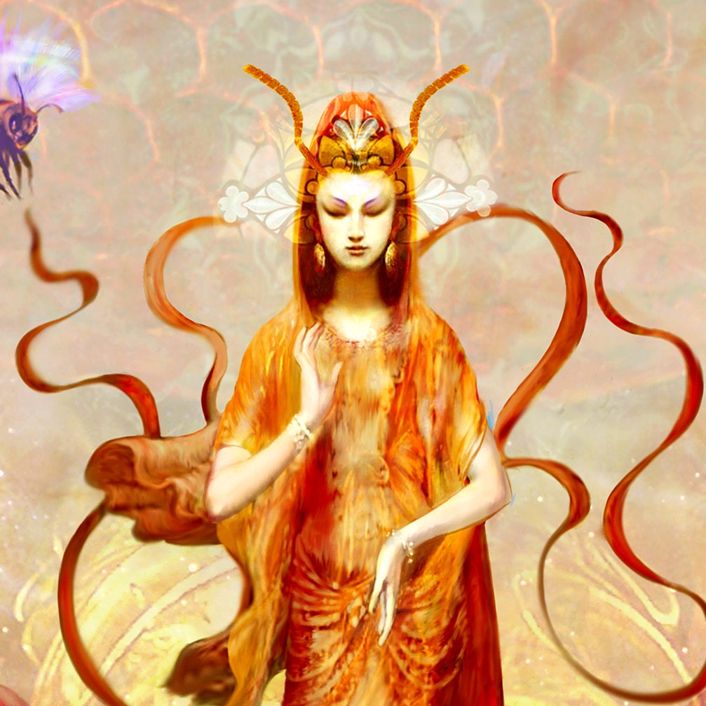 BEE PROSPERITY Fine Art Print, Goddess, Quan Yin, Honey Comb, Flowering Lily, Eco Nature Spirit, Mother