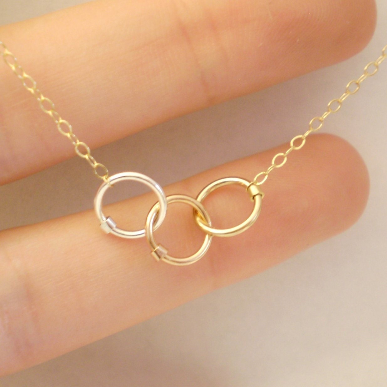 Linked Together Necklace - Mixed Metal - Three Tiny Mixed Metal Interlocking Links on Delicate Chain