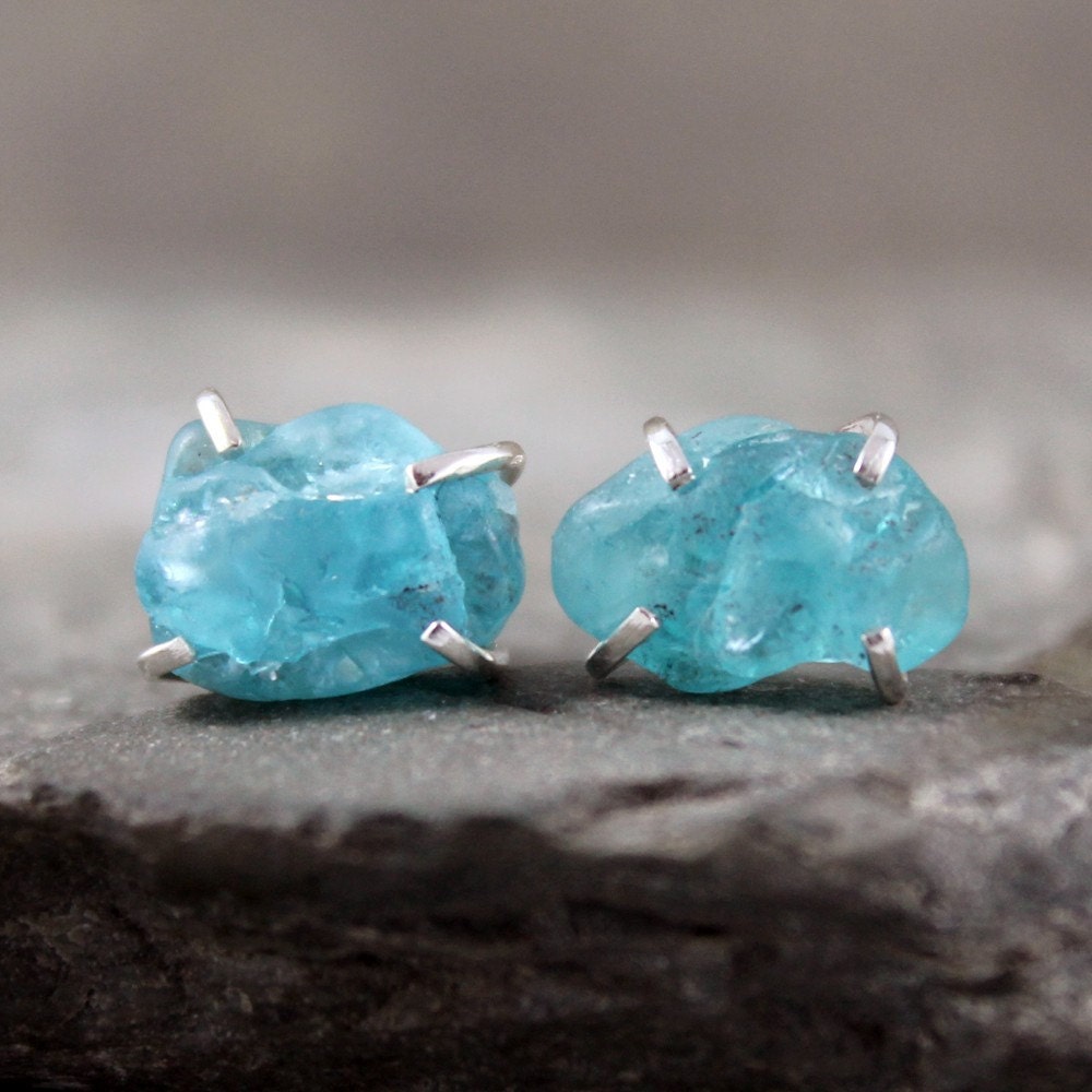 Uncut Raw Rough Apatite Earrings - Sterling Silver Stud Style Earrings - Electric Blue Apatite Gemstone Earring