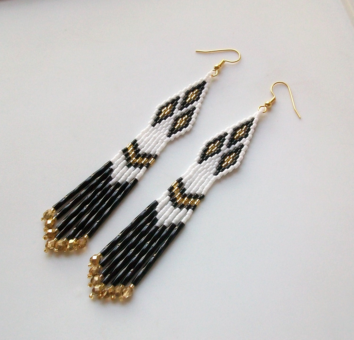 Southwest Triple Diamond Beaded Earrings - Black, White and Gold