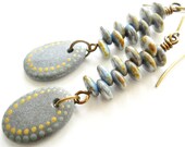 Glass and Stone Dangle Earrings, Blue Gray Southwestern, Multi Colored, Tribal, Boho Fashion, Beaded Earrings, Hand Painted, Organic