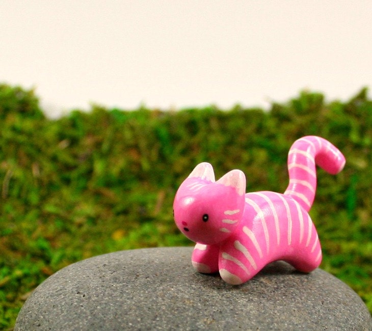 Motion Kitty In Bubble Gum Pink And White Stripes - Hand Sculpted Miniature Polymer Clay Animal