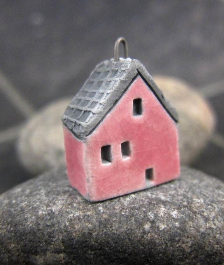 Pink...Saggar Fired Rustic House Pendant / Ornament