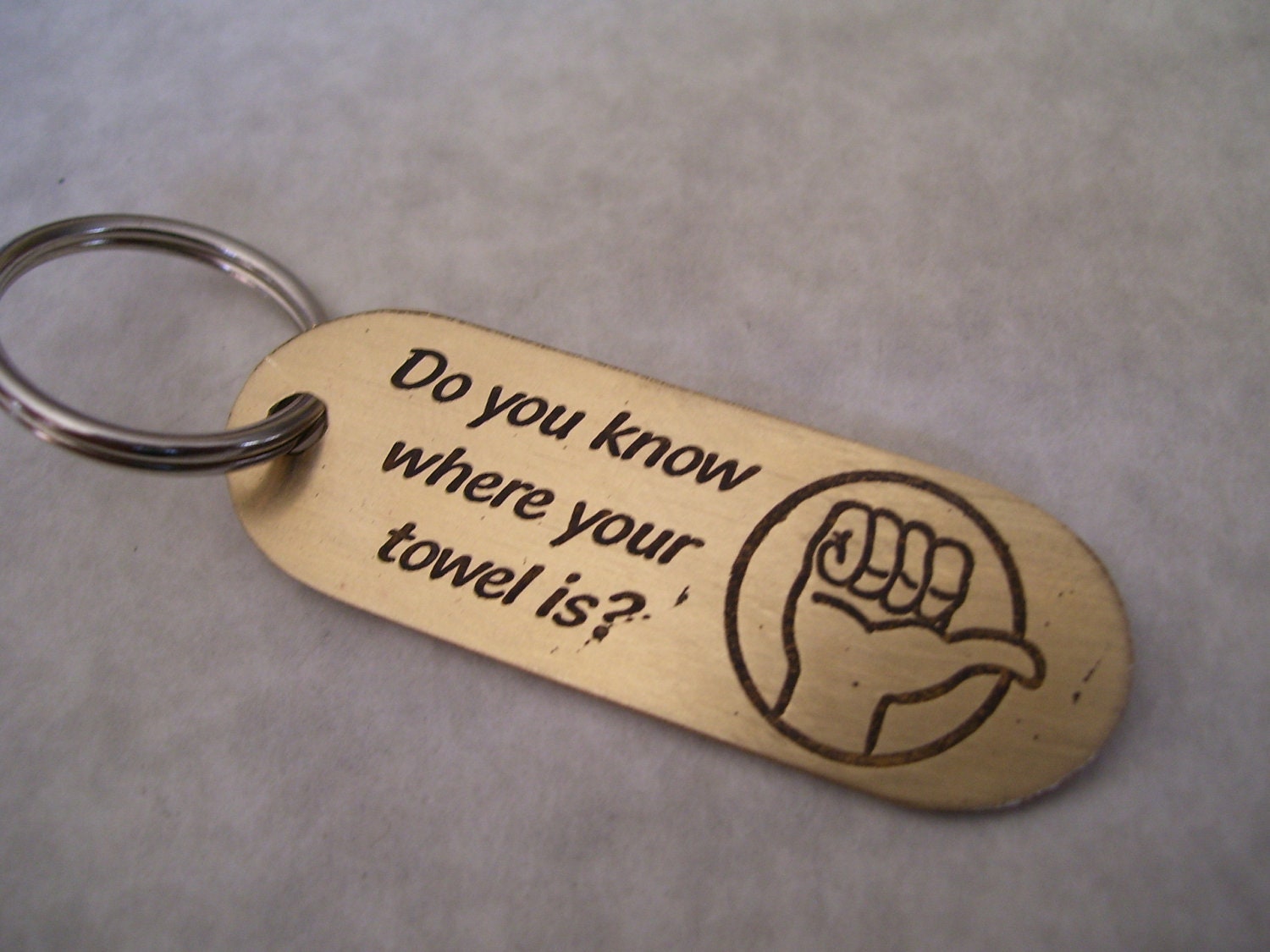 HGTTG inspired Brass Keychain