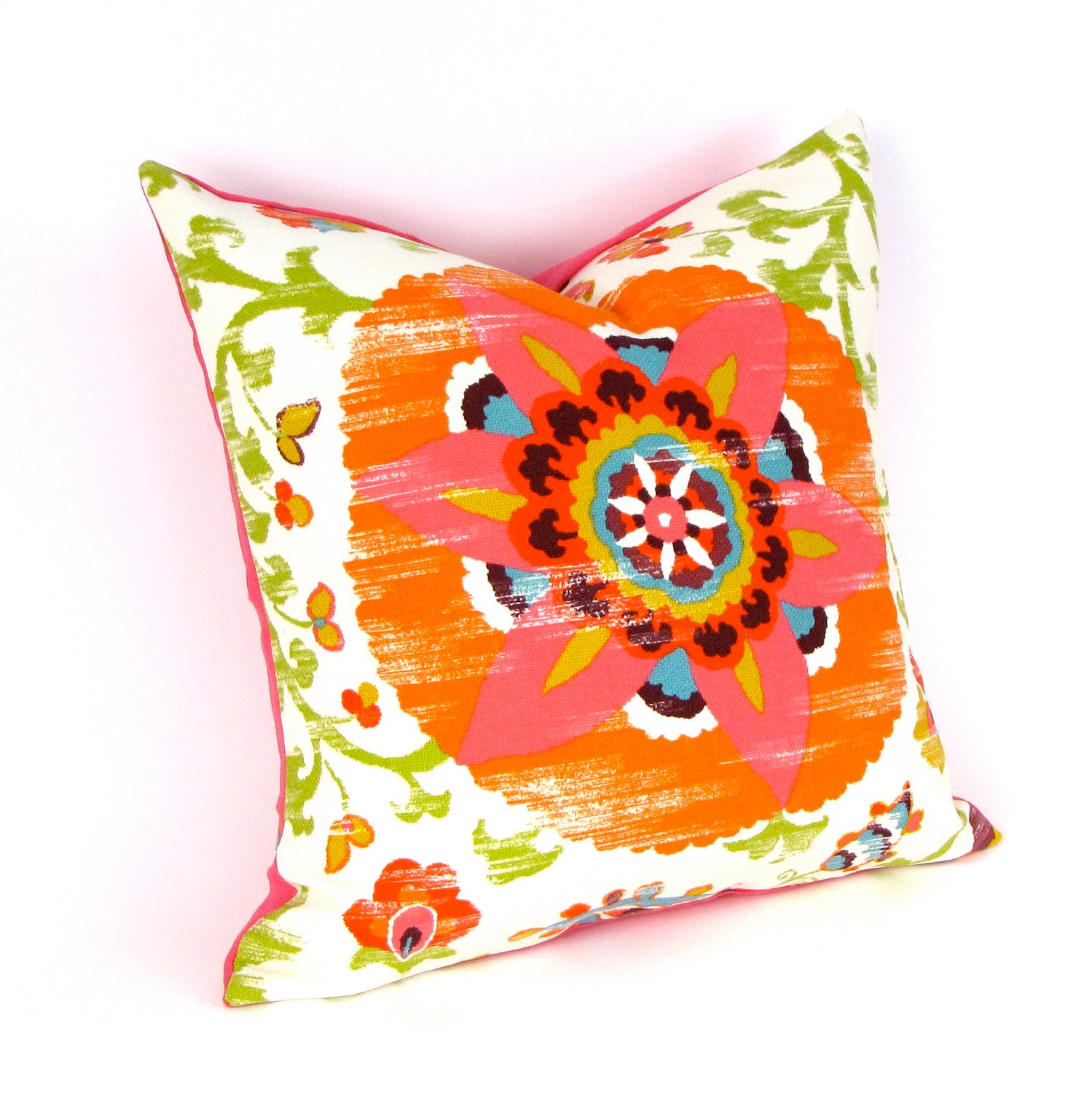 Suzani Pink and Orange Pillow Cover 20 inch. INDOOR OUTDOOR
