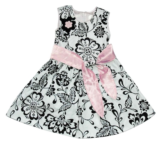 Holiday Dress Toddler Girl Black and white flowers pink ribbon flower girl dress high end fashion dress
