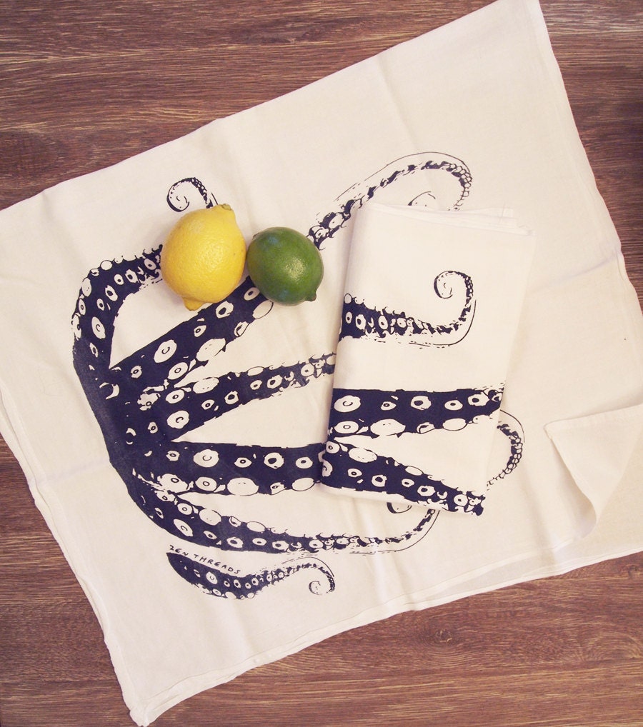 Set of 2- Navy OCTOPUS Tentacles - Multi-Purpose Flour Sack Bar Towels - Renewable Natural Cotton