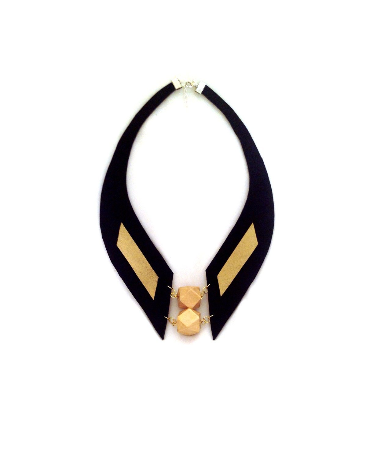 30% OFF SALE Geometric statement necklace. Gold and black leather necklace.