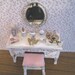 Shabby chic , dressed dressing table,stool,mirror, distressed white with rose bouquets, Twelfth scale dollhouse miniature