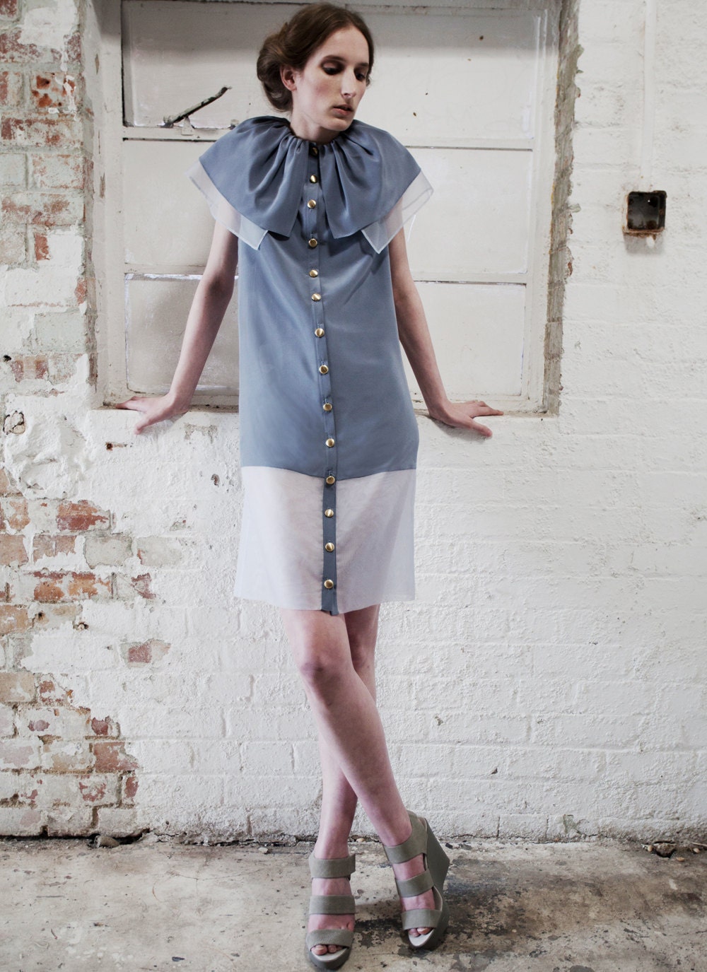 SAMPLE SALE Veronica Double Collar Silk Crepe and Organza Blue Dress