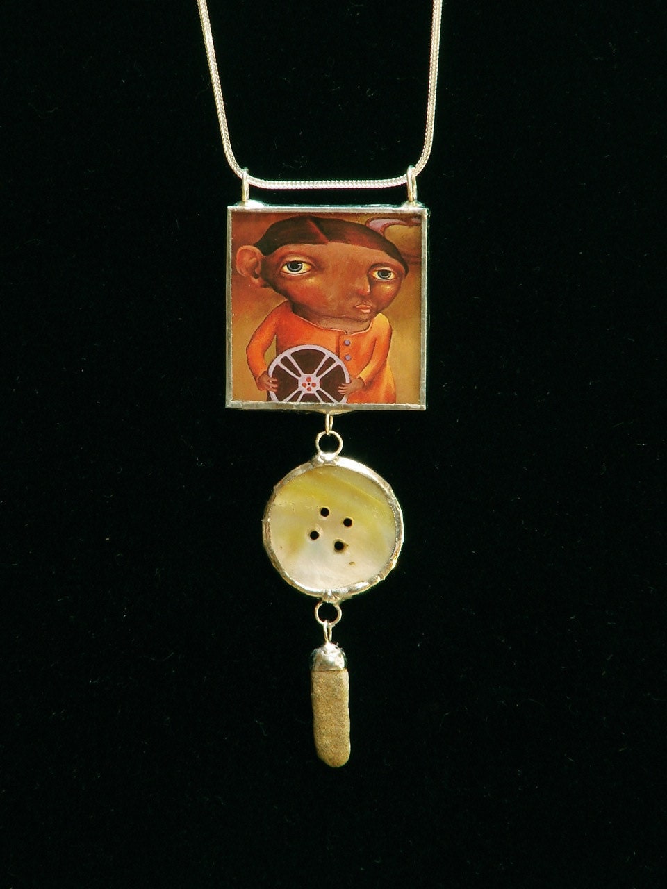 1.5 inch square fine art  pendant with antique button