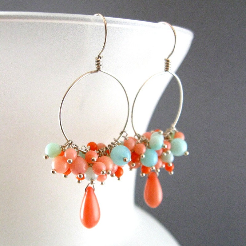 Pink Coral and Peruvian Blue Opal Sterling Earrings