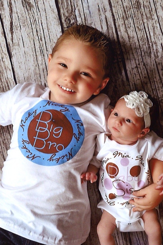 BIG BROTHER LITTLE Sister Personalized Set, or Big Sister Little Brother, Short Sleeve with Hat, Modern Circles Dots, Free Gift Wrap