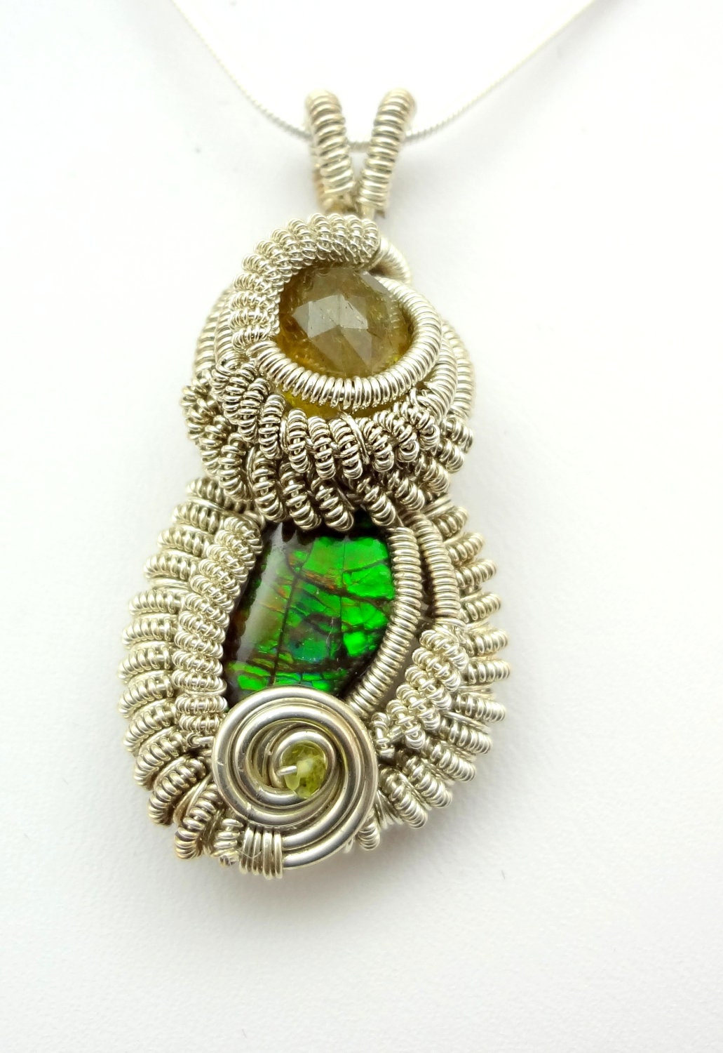 RESERVED Tourmaline and Canadian Ammolite Wire Wrapped Pendant