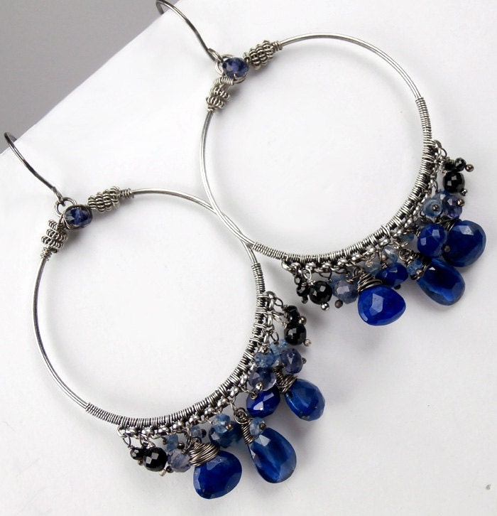 Black Blue Oxidized Silver Hoop Chandelier Earrings Wire Wrapped Coiled Silver Gemstone Bohemian Luxury Fashion - Brenda