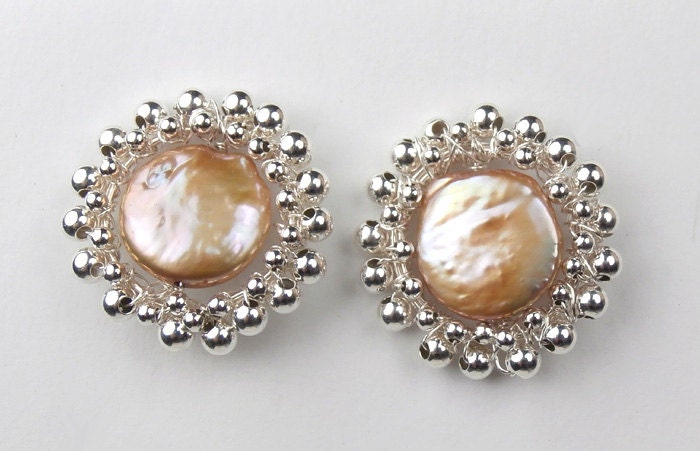 Champagne Coin Pearl Post Earrings Sterling Silver Ball Button Stud Handmade Post Earrings Weddng