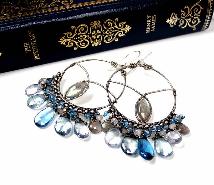 London Blue Topaz Large Hoop Earrings Oxidized Silver Coiled Wire Wrapped Blue Gemstone  Luxury Fashion