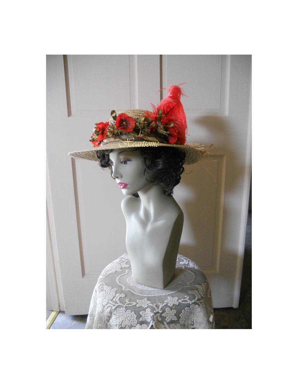 Victorian hat straw silk dried wreath orange poppy ostrich feather vogue gardener