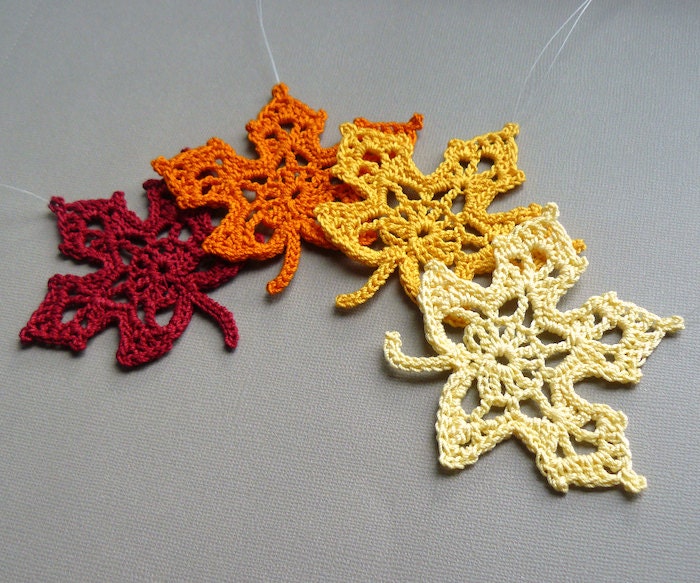 4 Crochet Maple Leaf Ornaments -- Multicolored Autumn Leaves
